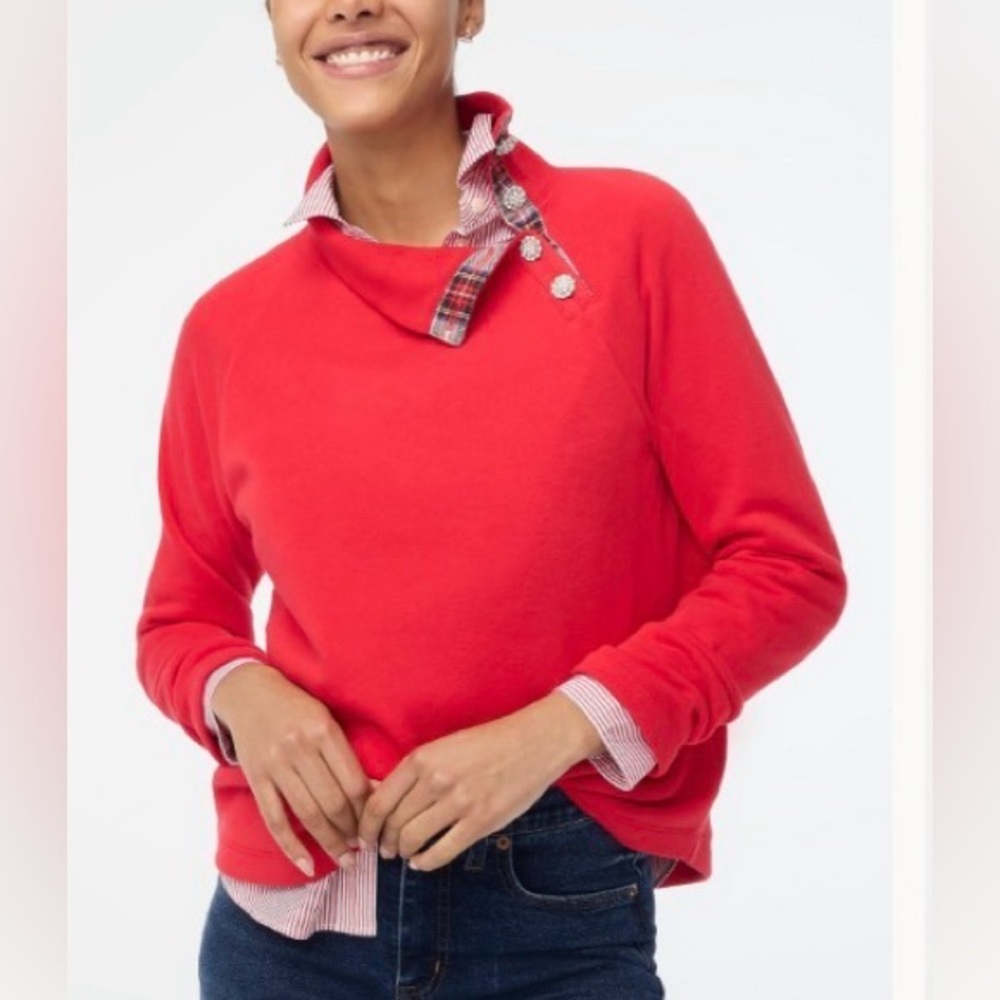 J. Crew Factory Red Tartan-Trim Button-Neck Pullover